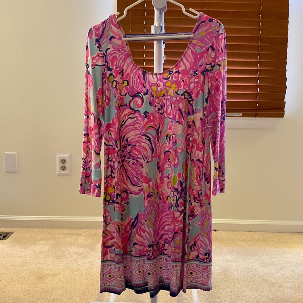 GUC Lilly Pulitzer Emma Dress in Serene Blue Big Escapade Pink Floral